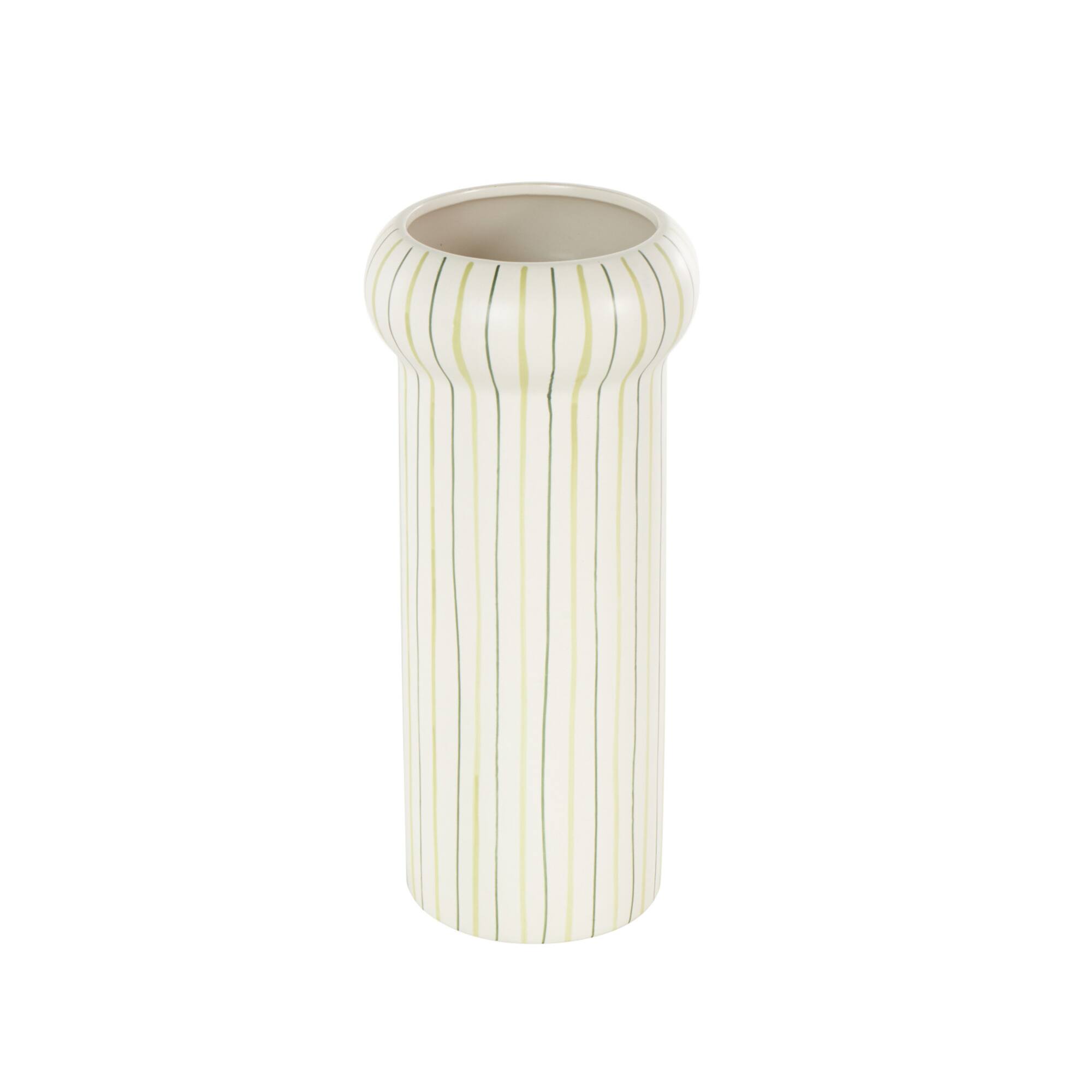 12" White & Green Linear Patterns Round Decorative Ceramic Vase